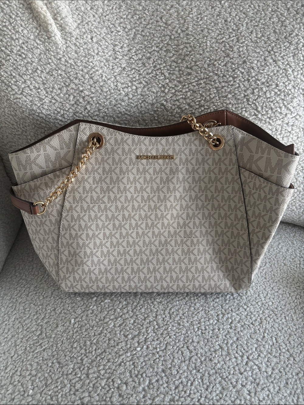 Authentic Michael Kors Beige Signature Canvas Tote with Brown Trim